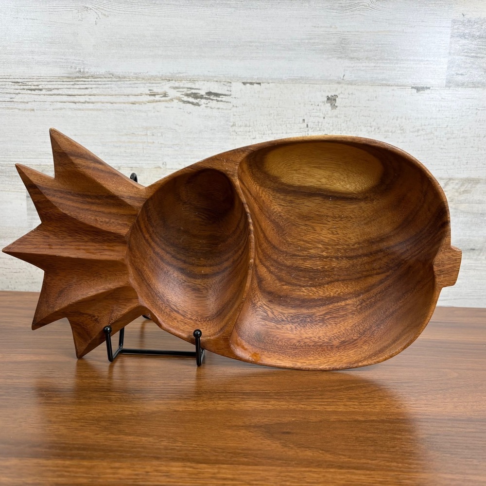 Vintage Waikiki Woods Hawaii Monkey Pod Pineapple Shape Wooden Bowl 14"